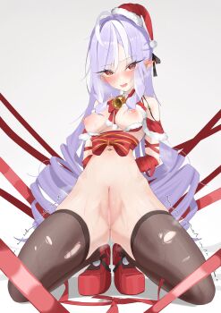 1girl absurdres bell bikini black_thighhighs breasts censored hat highres jingle_bell long_hair medium_breasts mosaic_censoring multicolored_hair navel nipples nude open_mouth pointy_ears purple_hair pussy pussy_juice red_bikini red_eyes red_hat red_ribbon red_shoes ribbon santa_hat shoes skaiimi smile solo squatting streaked_hair sweatdrop swimsuit thighhighs torn_clothes torn_thighhighs vivian_banshee wavy_mouth white_hair zenless_zone_zero