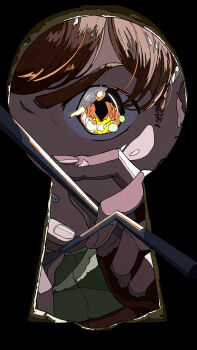 1boy absurdres black_background brown_hair chilchuck_tims clenched_teeth close-up dungeon_meshi eye_focus green_scarf hands_up highres holding keyhole looking_at_viewer male_focus natsugu72 scarf solo teeth tools v-shaped_eyebrows