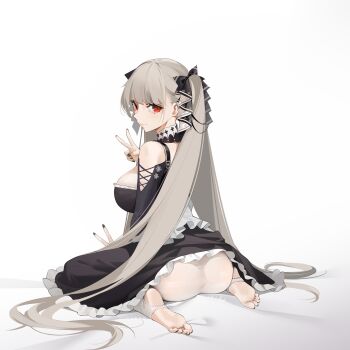 Rule 34 | 1girl, absurdres, ass, azur lane, black dress, black nails, breasts, commentary request, dress, formidable (azur lane), frilled dress, frills, from behind, full body, grey hair, hair ribbon, highres, lalacz, large breasts, long hair, looking at viewer, no shoes, panties, pantyshot, red eyes, ribbon, sitting, smile, solo, stirrup legwear, toeless legwear, toes, twintails, two-tone dress, two-tone ribbon, underwear, v, very long hair, wariza