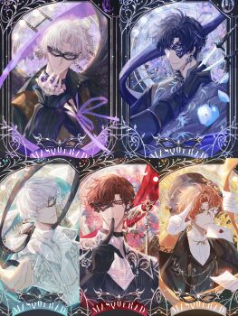 5boys absurdres alstroemeria_(flower) angel's_trumpet apple apple_slice aqua_ribbon aqua_vest ascot asymmetrical_bangs balance_scale bat_earrings beckoning between_fingers black_border black_cape black_choker black_gloves black_hair black_hat black_jacket black_ribbon black_shirt black_vest blue_apple border brown_hair brown_vest buttons cape charlie_su chinese_commentary choker clematis_(flower) closed_mouth column_lineup crescent crescent_earrings curtained_hair d20_(die) dice domino_mask double-breasted earrings english_text epiphyllum eye_mask film_strip finger_to_mouth floating_cape floral_print flower flower_earrings flying_paper food frilled_shirt_collar frilled_sleeves frills fruit gem glint gloves green_eyes grey_jacket hair_between_eyes hair_ribbon half_mask hand_up hat highres holding holding_dice holding_knife index_finger_raised iris_(flower) jacket jewelry knife knives_between_fingers lapels letter light_and_night_love long_sleeves looking_ahead looking_at_viewer low_ponytail lu_chen male_focus mask medium_hair moon_phases mouth_hold multiple_boys multiple_rings neck_ribbon necklace notched_lapels one_eye_covered open_clothes open_jacket orange_gemstone orange_hair orange_ribbon ornate_border outside_border paper parted_bangs parted_lips patterned_clothing pinstripe_jacket pinstripe_pattern pinstripe_vest polyhedral_dice ponytail popped_collar purple_eyes purple_flower purple_ribbon qi_sili red_eyes red_flower red_gemstone red_ribbon ribbon ring rose_print salute sheet_music shirt short_hair shushing sideways_glance single_earring single_sleeve sky sleeve_cuffs smile snow234 star_(sky) star_(symbol) star_earrings starry_sky throwing_knife top_hat turtleneck two-finger_salute upper_body vest wax_seal weapon weighing_scale white_ascot white_flower white_gloves white_hair white_shirt wing_earrings xia_mingxing xiao_yi_(light_and_night_love) yellow_eyes yellow_flower