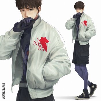 1boy artbyshinji black_shorts brown_eyes brown_hair converse earphones full_body hand_in_pocket high_collar highres holding ikari_shinji jacket male_focus mecha_pilot_suit multiple_views neon_genesis_evangelion nerv open_clothes open_jacket plugsuit_(evangelion) pocket short_hair shorts simple_background twitter_username walkman white_background white_jacket