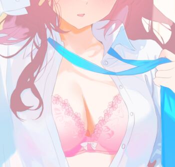 1girl arm_up blue_necktie blush bow bow_bra bra breast_focus breasts buttons character_request cleavage close-up clothes_grab collared_shirt commentary_request copyright_request dot_nose eyes_out_of_frame frilled_bra frills head_out_of_frame large_breasts long_hair miiizuno_lbs necktie necktie_grab neckwear_grab open_clothes open_mouth open_shirt pink_bra pulling_own_clothes purple_hair shirt solo underwear white_shirt