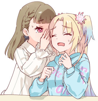 2girls ^_^ absurdres black_bow blonde_hair blue_hair blue_hoodie bow braid brown_hair center-flap_bangs closed_eyes clothes_writing collared_shirt commentary curtained_hair english_commentary fang flower gradient_hair hair_bow hair_flower hair_ornament highres hood hoodie kachimachi_kosuzu kachimachi_kosuzu_(winter_loungewear) lao_ren_xing link!_like!_love_live! long_hair long_sleeves love_live! multicolored_hair multiple_girls open_mouth osawa_rurino osawa_rurino_(winter_loungewear) parted_bangs pink_eyes pink_flower puffy_long_sleeves puffy_sleeves shirt side_braids simple_background sweatdrop twintails upper_body virtual_youtuber whispering whispering_in_ear white_background white_shirt