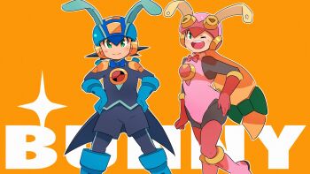 1boy 1girl 3suisousui alternate_costume animal_ears black_bodysuit black_shorts blonde_hair blue_helmet bodysuit bunny_day cowboy_shot english_text fake_animal_ears hashtag-only_commentary helmet highres long_hair mega_man_(series) mega_man_battle_network_(series) megaman.exe one_eye_closed orange_background pink_helmet playboy_bunny rabbit_ears roll.exe_(mega_man) short_hair shorts simple_background spiked_hair