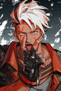 1boy alternate_color alternate_eye_color alternate_hair_color black_background braces chest_tattoo dark_skin dog_tags facial_scar fang fingerless_gloves forked_eyebrows gloves highres looking_at_viewer luke_sullivan male_focus official_alternate_costume paint_splatter piercing red_eyes scar scar_across_eye scar_on_cheek scar_on_face solo street_fighter street_fighter_6 tattoo tokireii tongue tongue_out tongue_piercing white_hair