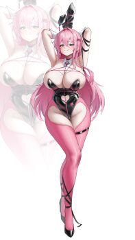 1girl absurdres animal_ear_hairband animal_ears arm_warmers armpits arms_behind_head arms_up bare_shoulders black_leotard black_shoes blush breasts choker cleavage clothing_cutout collarbone commentary crotchless crotchless_pantyhose cutout_above_navel detached_collar earrings fake_animal_ears full_body goddess_of_victory:_nikke green_eyes hair_between_eyes hair_intakes hair_ornament hairband hairclip heart_cutout high_heels highres hundred0327 jewelry large_breasts leotard long_hair looking_at_viewer mole mole_on_breast mole_under_eye pantyhose parted_lips pink_choker pink_hair pink_pantyhose pink_rope playboy_bunny rabbit_ear_hairband rabbit_ears rabbit_girl rope shoes sidelocks skindentation smile solo spiked_choker spikes standing thigh_strap undersized_breast_cup velvet_(nikke) white_background zoom_layer