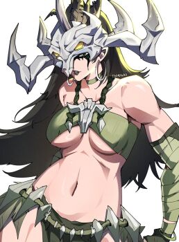 1girl arm_wrap bandeau bare_shoulders bracelet breasts collar earrings facepaint green_bandeau green_collar hela_(marvel) hela_(savage_monarch)_(marvel) highres hoop_earrings jewelry lipstick looking_down makeup marvel marvel_rivals medium_breasts navel official_alternate_costume pelvic_curtain skull_on_head solo thor_(marvel)_(series) underboob wokiiarts