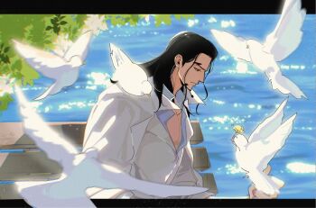 1boy arrrrrrrrrrrow bird black_hair blue_shirt closed_mouth commentary_request facial_hair goatee hair_behind_ear jacket letterboxed long_hair male_focus on_bench one_piece outdoors profile rob_lucci shirt upper_body white_bird white_jacket
