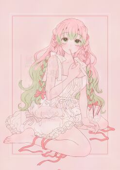 1girl alternate_costume bare_arms bare_shoulders barefoot braid breasts dress gradient_hair green_eyes green_hair highres holding kanroji_mitsuri kimetsu_no_yaiba large_breasts long_hair mole mole_under_eye multicolored_hair pink_hair rem_(rem-slime) solo watermark white_dress