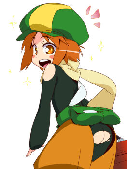 Rule 34 | + +, 1girl, :d, ^^^, androgynous, ass, bare shoulders, battle spirits, battle spirits: brave, belt pouch, blush, blush stickers, bodysuit, newsboy cap, cowboy shot, elbow gloves, female focus, fingerless gloves, flat chest, from side, gloves, hat, looking at viewer, looking back, matching hair/eyes, no panties, open mouth, orange eyes, orange hair, plym machina, pouch, puffy shorts, short hair, shorts, simple background, smile, solo, sparkle, symbol-shaped pupils, tomboy, torn bodysuit, torn clothes, ukitanisu, white background