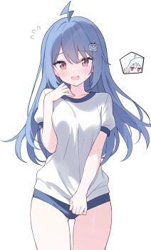 2girls absurdres ahoge aqua_hair bili_girl_22 bili_girl_33 bilibili blue_buruma blue_hair blush breasts buruma chibi chibi_inset chinese_commentary collarbone commentary_request cowboy_shot eyes_visible_through_hair flying_sweatdrops gluteal_fold gym_shirt gym_uniform hair_between_eyes hair_ornament hand_up highres jyt lightning_ahoge long_hair looking_at_viewer medium_breasts multiple_girls nervous_smile open_mouth puffy_short_sleeves puffy_sleeves red_eyes shirt shirt_tug short_sleeves simple_background smile solo_focus straight-on sweatdrop thumbs_up tv_hair_ornament white_background white_shirt