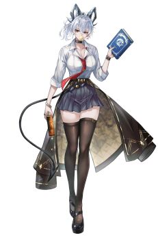 1girl alternate_costume black_choker black_horns black_jacket black_nails black_shoes black_skirt black_tail black_thighhighs blowing_bubble_gum book bracelet breasts can chewing_gum choker cleavage clothes_around_waist collarbone collared_shirt commentary_request curled_horns demon_tail drink_can earrings hair_between_eyes highres holding holding_book holding_can horns jacket jacket_around_waist jewelry key_earrings large_breasts long_hair looking_at_viewer multicolored_hair nail_polish neckerchief red_eyes red_neckerchief ring shirt shirt_tucked_in shoes simple_background skirt solo streaked_hair tachi-e tail thighhighs thighs white_background white_shirt wuthering_waves yoru_shiki zani_(wuthering_waves)