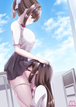 2girls black_skirt blue_sky blush bow bowtie brown_eyes brown_hair classroom cloud collared_shirt commentary_request cunnilingus desk hand_on_another&#039;s_head highres indoors kamakama_(kdmorh_kamakama) long_hair multiple_girls oral original panties panty_pull parted_lips pleated_skirt ponytail red_bow red_bowtie school_desk shirt skirt sky standing standing_cunnilingus underwear white_panties white_shirt yuri