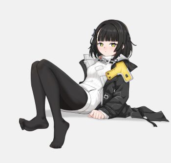 Rule 34 | 1girl, arknights, arknights: endfield, black hair, black pantyhose, endministrator (arknights), feet, female endministrator (arknights), highres, langui moxia, light blush, looking at viewer, medium hair, pantyhose, soles, toes, yellow eyes