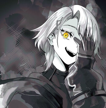 1girl absurdres commentary dated_commentary english_commentary fang girls&#039;_frontline girls&#039;_frontline_2:_exilium gloves hair_ornament hairpin hand_on_own_face highres io_troublemaker jacket looking_at_viewer monochrome multiple_hairpins one_eye_covered open_mouth short_hair simple_background smile solo spot_color teeth upper_teeth_only vector_(girls&#039;_frontline) vector_(girls&#039;_frontline_2) x_hair_ornament yellow_eyes