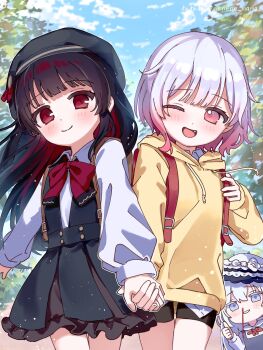 3girls ;d aged_down backpack bag beret black_dress black_hair black_hat black_shorts blood blue_sky blunt_bangs child cloud collared_shirt commentary_request day dress fang gradient_hair hat highres holding_hands hood hood_down hoodie long_hair long_sleeves looking_at_another looking_at_viewer mahou_shoujo_no_majo_saiban multicolored_hair multiple_girls nene_man nikaido_hiro nosebleed official_alternate_costume one_eye_closed open_mouth outdoors pink_eyes pink_hair randoseru red_eyes sakuraba_ema shirt short_hair shorts sky smile spoilers thumbs_up translation_request tree tsukishiro_yuki white_hair white_shirt yellow_hoodie