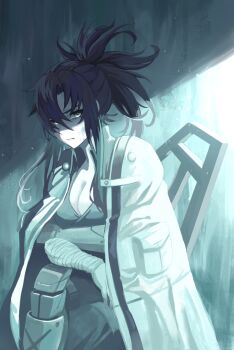 Rule 34 | 1girl, angelia (girls' frontline), armor, bandaged arm, bandages, black hair, blue theme, breasts, bruise, bruise on face, cleavage, closed mouth, coat, coat on shoulders, commentary, commentary request, cowboy shot, english commentary, girls' frontline, hair between eyes, injury, large breasts, long hair, looking at viewer, mixed-language commentary, oro (lsg0624), revision, solo, white coat