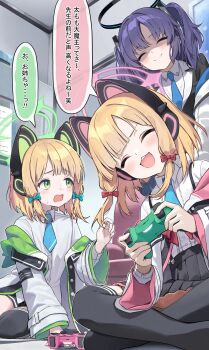 3girls ^_^ animal_ear_headphones animal_ears black_skirt black_thighhighs blonde_hair blue_archive blue_necktie blush bow cat_ear_headphones cat_ears closed_eyes closed_mouth collared_shirt commentary_request controller fake_animal_ears false_smile game_controller green_eyes green_halo hair_bow halo headphones highres holding holding_controller holding_game_controller indian_style jacket long_hair long_sleeves mechanical_halo midori_(blue_archive) momoi_(blue_archive) multiple_girls nashi_(nashipple1) necktie open_mouth pleated_skirt purple_hair shaded_face shirt short_hair siblings sisters sitting skirt smile speech_bubble thighhighs twins two-sided_fabric two-sided_jacket two_side_up white_shirt yuuka_(blue_archive)