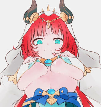 1girl 3eda aqua_eyes blue_gemstone blue_skirt breasts breasts_apart closed_mouth clothes_lift fake_horns foreshortening from_below gem genshin_impact harem_outfit horns large_breasts long_hair long_sleeves looking_down navel nilou_(genshin_impact) puffy_long_sleeves puffy_sleeves red_hair simple_background skirt smile solo stomach underboob upper_body veil white_background white_veil