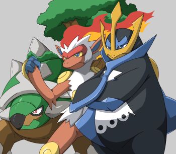 beak bird blue_eyes closed_mouth colored_sclera commentary empoleon fiery_hair fire gen_4_pokemon highres inahon485 infernape nintendo no_humans penguin pokemon pokemon_(creature) pokemon_focus red_eyes simple_background starter_pokemon_trio symbol-only_commentary torterra tree yellow_sclera