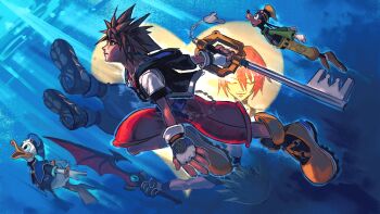 Rule 34 | 1girl, 4boys, absurdres, brown hair, closed eyes, dog boy, donald duck, duck boy, fingerless gloves, flying, gloves, goofy, hat, highres, hood, hoodie, kairi (kingdom hearts), keyblade, kingdom hearts, kingdom hearts i, kingdom key, kornart, multiple boys, open clothes, open hoodie, riku (kingdom hearts), sora (kingdom hearts), spiked hair, sword, weapon