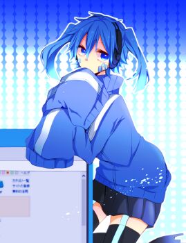 1girl aoi_choko_(aoichoco) blue_eyes blue_hair ene_(kagerou_project) female_focus headphones highres kagerou_project long_sleeves looking_at_viewer matching_hair/eyes monaco0704 short_hair solo thighhighs twintails