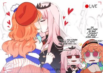 2girls after_kiss blush breasts chef_hat drooling earrings english_text eye_contact feather_earrings feathers french_kiss gradient_hair green_hair hat highres hololive hololive_english jewelry kiss large_breasts long_hair looking_at_another mamaprofennn mori_calliope mori_calliope_(1st_costume) multicolored_hair multiple_girls multiple_hats open_mouth orange_hair orange_hat pink_hair purple_eyes saliva saliva_trail takanashi_kiara takanashi_kiara_(1st_costume) virtual_youtuber yuri