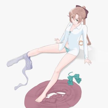 1girl akigumo_(kancolle) barefoot black_bow bow bowtie bra brown_hair closed_mouth clothes_on_floor dress full_body green_bow green_bowtie green_eyes grey_background hair_between_eyes hair_bow kantai_collection kito_3_tyoki-tyoki legs long_hair long_sleeves looking_at_viewer panties panty_pull pantyhose pantyhose_around_one_leg partially_undressed ponytail shirt simple_background sitting smile solo striped_clothes underwear unworn_dress white_shirt