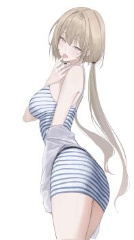 1girl absurdres ass bare_shoulders blonde_hair breasts brown_eyes brown_hair cowboy_shot dress from_side highres jacket laneigu licking_own_finger long_hair looking_at_viewer looking_to_the_side low_twintails medium_breasts mole mole_under_eye off_shoulder open_clothes open_jacket open_mouth original simple_background solo striped_clothes striped_dress tongue tongue_out twintails very_long_hair white_background white_dress white_jacket