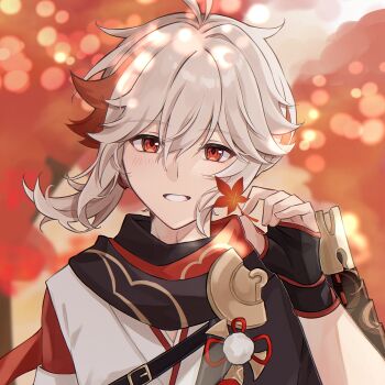 1boy armor black_gloves blush commentary fingerless_gloves genshin_impact gloves grey_hair hair_between_eyes highres holding holding_leaf japanese_armor japanese_clothes kaedehara_kazuha leaf looking_at_viewer male_focus multicolored_hair nya_inuha ponytail red_background red_eyes red_hair simple_background solo streaked_hair symbol-only_commentary upper_body