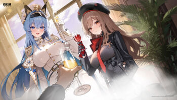 Rule 34 | 1boy, 2girls, absurdres, alcohol, black hat, blue eyes, blue hair, brown hair, champagne, champagne flute, chinese commentary, commander (nikke), commentary request, cup, drinking glass, goddess of victory: nikke, hat, helm (nikke), highres, holding, holding cup, insignia, long hair, mixed-language commentary, multiple girls, naval jacket, open mouth, pov, rapi (nikke), red wine, shoulder boards, toasting (gesture), upper body, wine