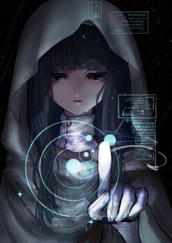 1girl black_eyes black_hair blunt_bangs dress eyelashes gloves gnosia hair_between_eyes hairband highres hime_cut iyori_(q_wa_j) long_hair looking_at_viewer simple_background solo straight_hair upper_body white_dress white_gloves yuriko_(gnosia)