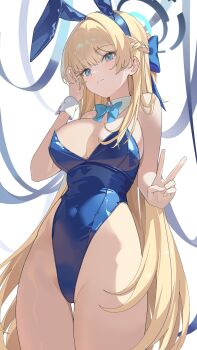 1girl absurdres bare_shoulders blonde_hair blue_archive blue_eyes blue_leotard breasts hair_ornament halo highres large_breasts leotard long_hair official_alternate_costume official_alternate_hairstyle rabbit_hair_ornament solo thighs toki_(blue_archive) toki_(bunny)_(blue_archive) wh0_r_uo_o