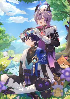 1girl 2boys aranara_(genshin_impact) blue_eyes blue_hair closed_eyes closed_mouth cyno_(genshin_impact) dragon_boy durin_(genshin_impact) fangs genshin_impact gloves head_wreath hiding highres horns jewelry leaf looking_at_another mini_durin_(genshin_impact) multiple_boys nahida_(genshin_impact) on_ground purple_hair ring scaramouche_(cat)_(genshin_impact) scaramouche_(genshin_impact) sethos_(genshin_impact) sitting stuffed_animal stuffed_toy tail tree uyuni1374 vision_(genshin_impact) wanderer_(genshin_impact) white_gloves wings