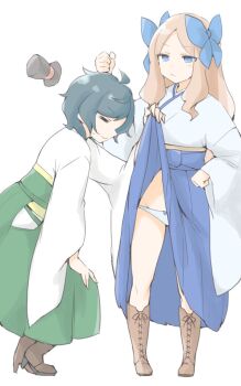 2girls akara_kai asakaze_(kancolle) black_hair blue_bow blue_eyes blue_hakama blue_panties blush boots bow brown_hair clothes_lift forehead green_eyes green_hakama hair_bow hair_ribbon hakama hakama_skirt hat highres japanese_clothes kantai_collection kimono lace-up_boots lifting_another&#039;s_clothes long_hair looking_at_viewer matsukaze_(kancolle) meiji_schoolgirl_uniform mini_hat mini_top_hat multiple_girls panties ribbon short_hair skirt skirt_lift smile top_hat underwear wavy_hair white_kimono