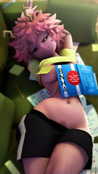 1girl 3d ashido_mina black_sclera boku_no_hero_academia book breasts colored_sclera colored_skin couch female_focus female_pubic_hair greatm8 highres horns large_breasts lying navel on_back pink_hair pink_skin pubic_hair seductive_smile shirt short_hair short_sleeves shorts smile solo stomach thighs underboob yellow_eyes yellow_shirt