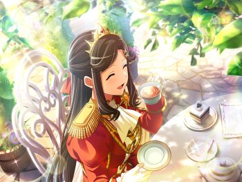 1girl ascot cake cake_slice chair closed_eyes cup epaulettes food game_cg gloves half_updo holding holding_cup holding_saucer jacket long_hair long_sleeves official_art open_mouth outdoors red_jacket saucer shoujo_kageki_revue_starlight shoujo_kageki_revue_starlight_-re_live- sidelocks sitting solo table tea teacup tendou_maya tiara upper_body white_ascot white_gloves