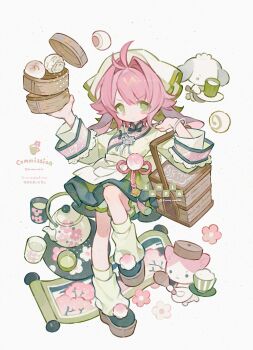>:) 1girl absurdres animal antenna_hair cat closed_mouth commission cup dress food full_body green_dress green_shoes green_socks hair_intakes headscarf highres kanae_(cookie) long_sleeves looking_at_viewer original pink_hair sample_watermark shoes short_hair simple_background socks solo standing standing_on_one_leg steamed_bun teapot twitter_username v-shaped_eyebrows watermark white_background white_headscarf