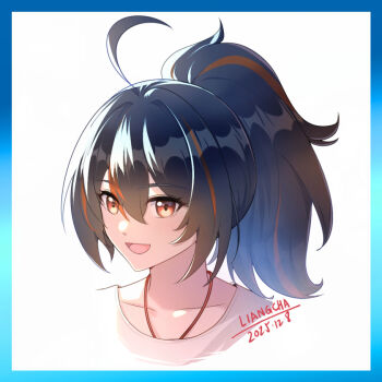 1girl ahoge black_hair hair_between_eyes mbd_liangcha medium_hair multicolored_hair ponytail portrait red_hair red_streaks smile solo streaked_hair zenless_zone_zero zhu_yuan
