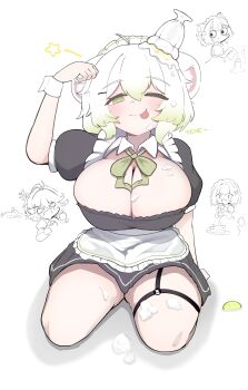 4girls absurdres animal_ears apron breasts cleavage cream dokibird ferret_ears ferret_girl ferret_tail food food_on_body food_on_breasts food_on_head fruit green_eyes green_hair highres huge_breasts ice_cream indie_virtual_youtuber kneeling laimu_(vtuber) large_breasts lime_(fruit) maid maid_apron maid_headdress mint_fantome multicolored_hair multiple_girls object_on_head phoebe_(vtuber) ribbon sae_art star_(symbol) thigh_strap thighs tongue tongue_out two-tone_hair virtual_youtuber white_hair