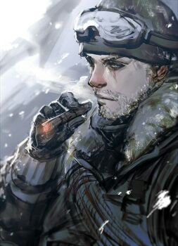 1boy artist_request beard call_of_duty call_of_duty:_modern_warfare_2 cigar facial_hair gloves goggles jacket load_bearing_vest male_focus military military_uniform non-web_source rope scar scar_across_eye scar_on_face smoking soap_(modern_warfare_2) source_request winter winter_clothes winter_hat winter_uniform