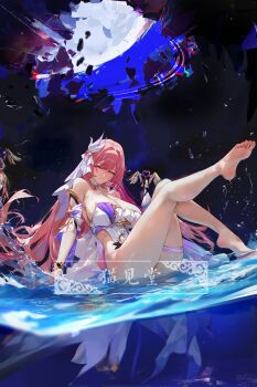 1girl absurdres armlet ass bare_shoulders barefoot blush bottomless bracelet breasts choker cleavage closed_mouth commentary_request crystal_shards diamond_in_eye dress elysia_(herrscher_of_human:_ego)_(honkai_impact) elysia_(honkai_impact) feet feet_up hair_intakes hair_ornament hair_ribbon heart highres honkai_(series) honkai_impact_3rd huge_breasts jewelry knees_up long_hair looking_at_viewer misaka_12003-gou pink_eyes pink_hair ribbon sitting smile soles solo splashing thigh_strap thighs toes water white_choker white_dress white_ribbon