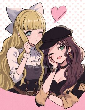 2girls blonde_hair blowing_kiss blue_eyes blush bow breasts brown_hair charlotte_(fire_emblem) cleavage dorothea_arnault earrings fire_emblem fire_emblem:_three_houses fire_emblem_fates green_eyes hat heart highres in-franchise_crossover jewelry large_breasts long_hair looking_at_viewer multiple_girls nintendo one_eye_closed open_mouth school_uniform smile white_bow wink yuurururun