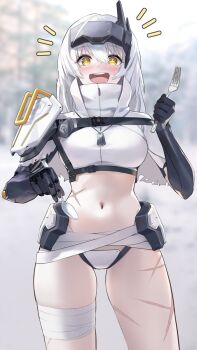 1girl armor bandaged_leg bandages bikini_armor black_gloves blurry blurry_background breasts cloak commentary_request dog_tags fork ggoc_ill gloves goddess_of_victory:_nikke headgear highres holding holding_fork holding_spoon large_breasts long_hair looking_at_viewer midriff navel official_artist_extra open_mouth outdoors prosthesis prosthetic_arm scar scar_on_leg scar_on_stomach smile snow_white_(heavy_arms)_(nikke) snow_white_(nikke) solo spoon teeth thighs upper_teeth_only very_long_hair white_cloak white_hair yellow_eyes