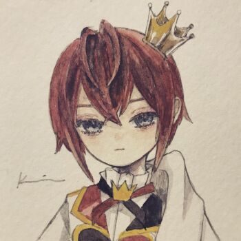 1girl acrylic_paint_(medium) bow closed_mouth collar collared_shirt commentary_request crown expressionless formal_clothes frilled_collar frills grey_eyes hair_between_eyes highres karintoun looking_at_viewer neck_ribbon original painting_(medium) pale_skin parted_bangs red_hair ribbon riddle_rosehearts shirt short_hair sidelocks signature simple_background solo straight-on traditional_media watercolor_(medium) white_background white_shirt