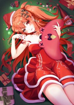 1girl absurdres black_bow black_bowtie black_ribbon bottle bow bowtie box breasts card chess_piece daiya_fortuna dice dress earrings fur-trimmed_dress fur-trimmed_headwear fur_trim gift gift_box grey_eyes hair_ribbon hat heart heart-shaped_pupils heterochromia highres holding holding_card jewelry lying mimo_(mimo_illust) mismatched_pupils number_hair_ornament on_back orange_hair parted_lips pixellink playing poker_chip pom_pom_(clothes) red_dress red_eyes red_hat ribbon santa_costume santa_dress santa_hat second-party_source seven_of_hearts shadow solo symbol-shaped_pupils virtual_youtuber