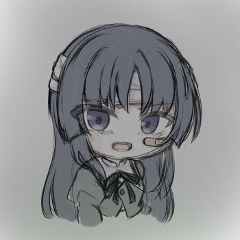 Rule 34 | 1girl, arms at sides, assault lily, bandaged head, bandages, bandaid, bandaid on cheek, bandaid on face, black hair, black ribbon, chibi, commentary, cropped jacket, cropped torso, gradient background, grey background, highres, juliet sleeves, long hair, long sleeves, looking at viewer, neck ribbon, open mouth, puffy sleeves, purple eyes, ribbon, school uniform, shirai yuyu, solo, tearing up, umi (s5r1umi 1399), upper body, yurigaoka girls academy school uniform