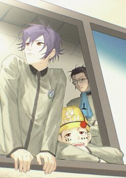3boys ascot black_hair blue_ascot brown_eyes catfish05 chinese_commentary closed_mouth commentary_request glasses grey_jacket hat highres inaba_masao jacket long_sleeves male_focus multiple_boys nanjou_kei open_mouth persona persona_1 purple_hair school_uniform short_hair st._hermelin_school_uniform standing toudou_naoya window yellow_hat