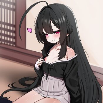1girl absurdres ahoge black_hair black_shirt blush braid breasts clothes_lift clothes_pull earrings grey_skirt hanbok healthykim high-waist_skirt highres huge_ahoge huge_filesize jewelry korean_clothes korean_text loli long_hair long_sleeves looking_at_viewer miniskirt naughty_face nipple_piercing nipple_slip nipples no_bra off_shoulder original piercing pink_eyes pleated_skirt pulling_own_clothes shirt shirt_pull side_braid single_bare_shoulder sitting skirt skirt_lift small_breasts solo very_long_hair