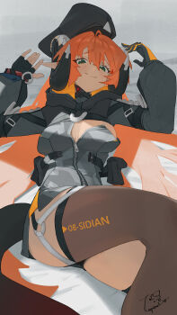 1girl absurdres asymmetrical_gloves bed bed_sheet black_hat black_horns blush breasts commentary_request curled_horns dragon_girl dragon_horns dress fingerless_gloves gloves green_eyes hair_between_eyes hat highres horns long_hair looking_at_viewer lupinu5 lying mechanical_horns mechanical_tail mismatched_gloves on_back on_bed open_clothes orange_hair orange_pupils orphie_magnusson pointy_ears signature single_fingerless_glove solo tail thighhighs yellow_gloves zenless_zone_zero zipper_dress